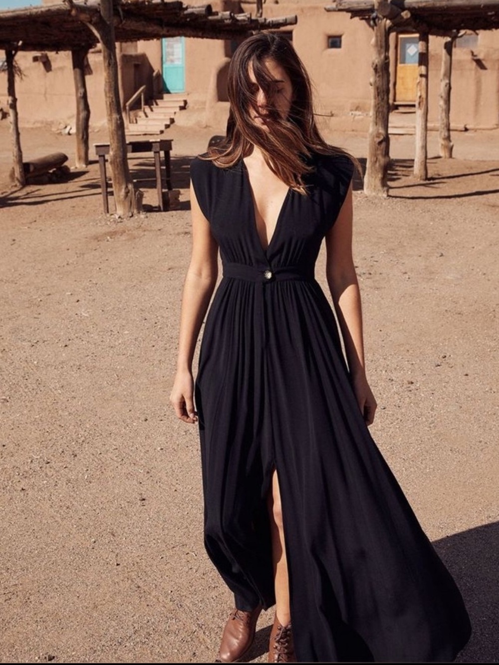 CHRISTY DAWN Noir Black Sleeveless Plunging V Neck Flowy Rosemary Maxi Dress
